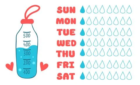 Water tracker template with sport bottle. Drinking water checklist. Stock Illustration