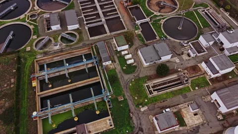 Water treatment facility in action with multiple processing tanks Stock Footage 321494027
