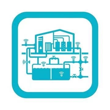 Water treatment facility process diagram icon in cyan blue for smart infras.. Stock Illustration