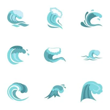 Water wave icons set, flat style Stock Illustration