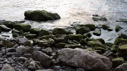 Water waves on the rocks of the shore at dusk Stock Footage 79694533