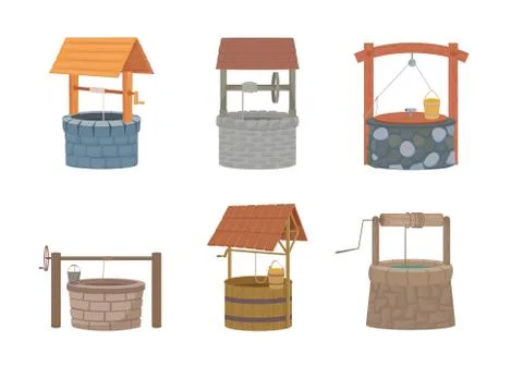 Water well set. Rustic stone and wood design with bucket and protective cover Stock-Illustration