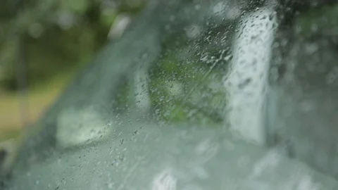 Water on a windshield in front of a green forest background Video stock 90822475