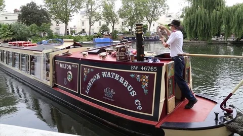 Waterbus, Regent's Canal, Little Venice, London, UK Stock Footage