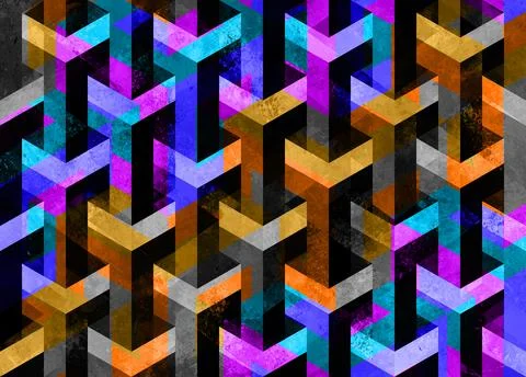 Watercolor 3D pattern. Multicolor brushstrokes in painted illustration. Stock Illustration