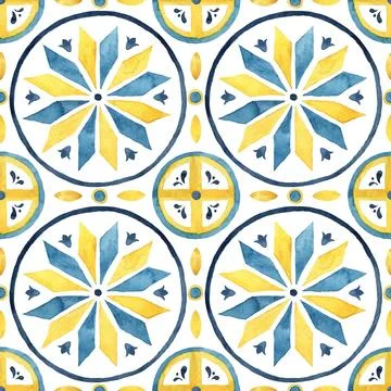 Watercolor abstract seamless pattern consisting of yellow and blue Mediterran Illustrazione stock