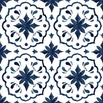 Watercolor abstract seamless pattern consisting of blue Mediterranean tiles and Stock Illustration