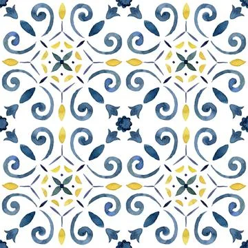 Watercolor abstract seamless pattern consisting of blue and yellow Mediterranean Stock Illustration