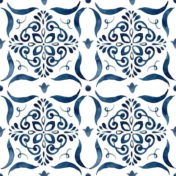 Watercolor abstract seamless pattern consisting of blue elements and Stock Illustration