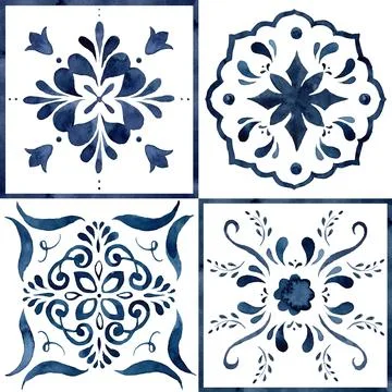 Watercolor abstract seamless pattern consisting of blue elements and Mediterr Stock Illustration