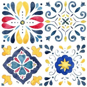Watercolor abstract seamless pattern consisting of blue, red, yellow elements Stock Illustration