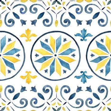 Watercolor abstract seamless pattern consisting of blue, yellow elements and  Stock Illustration