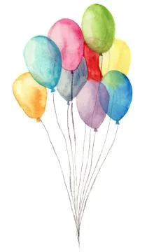 Watercolor air balloons. Hand painted illustration of blue, pink, yellow, purple Stock Illustration