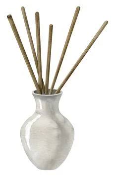 Watercolor air Refresher Diffuser and Aroma sticks in ceramic vase. Hand drawn Stock Illustration