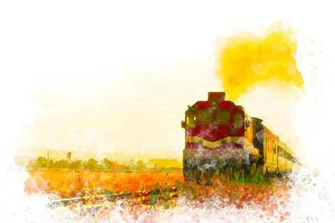 Watercolor art ,Eastern express. train that carries passengers from east to west Stock Illustration