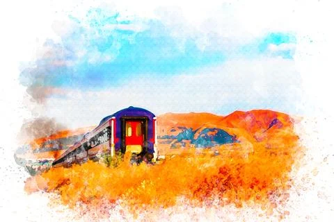 Watercolor art ,Eastern express. train that carries passengers from east to west Stock Illustration