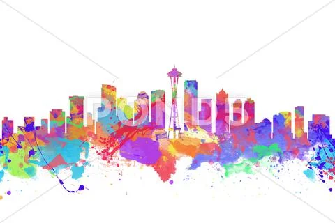 Watercolor art print of the skyline of Seattle United States Stock Illustration