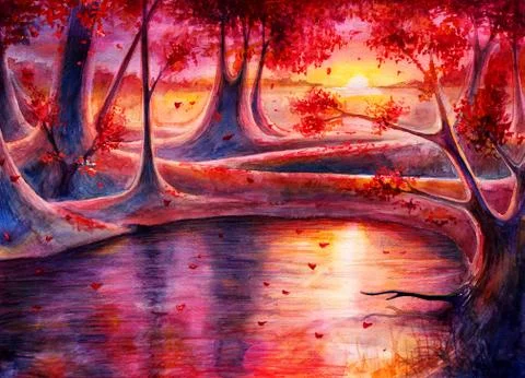 a water color landscape with pine trees and sunset