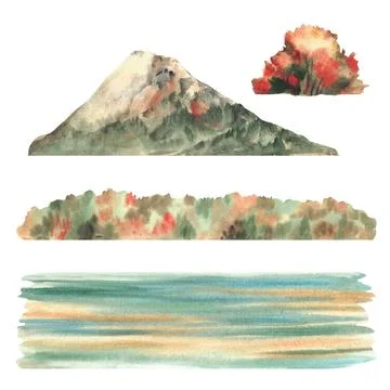 Watercolor Autumn landscape elements set. Mountain, mixed forest, fall trees and Stock Illustration