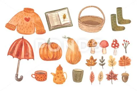 Watercolor autumn orange warm elements PSD Template