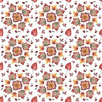 Watercolor autumn pattern, background of leaves, berries and pumpkin. Stock Illustration