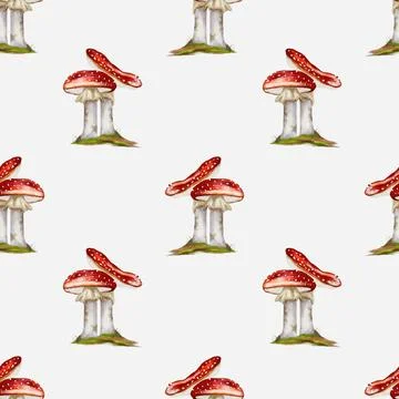 Watercolor autumn pattern featuring red toadstools on a soft background for.. Stock Illustration