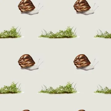 Watercolor autumn pattern featuring snails and greenery on a soft backgroun.. Illustrazione stock