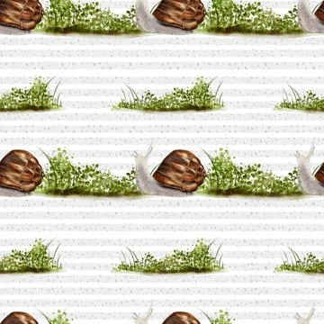 Watercolor autumn pattern featuring snails and greenery on a soft background Stock Illustration
