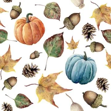 Watercolor autumn seamless pattern. Hand painted pine cone, acorn, berry, yellow Stock Illustration