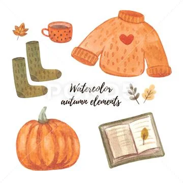 Watercolor autumn warm elements PSD Template