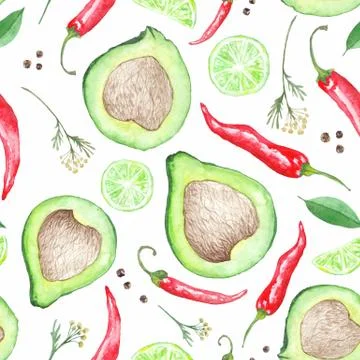 Watercolor Avocado Pattern Stock Illustration