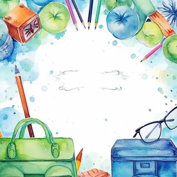 Watercolor back to school background, objects and elements for school Stock Illustration