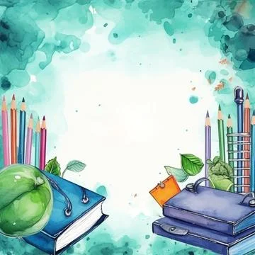 Watercolor back to school background, objects and elements for school イラスト素材