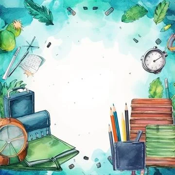 Watercolor back to school background, objects and elements for school Stock Illustration