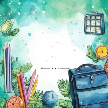 Watercolor back to school background, objects and elements for school イラスト素材