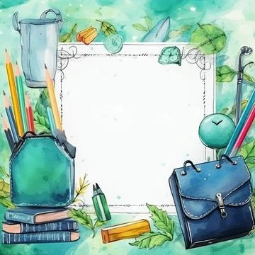 Watercolor back to school background, objects and elements for school Stock Illustration