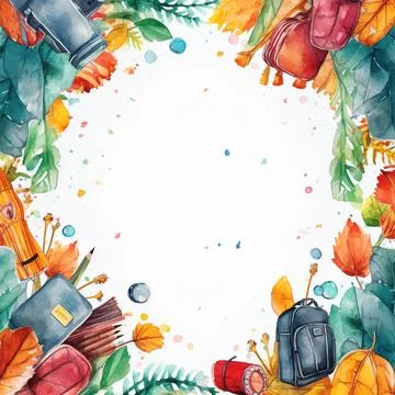 Watercolor back to school background, objects and elements for school イラスト素材