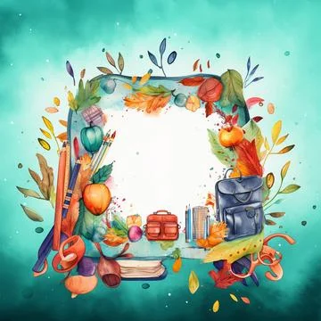 Watercolor back to school background, objects and elements for school イラスト素材