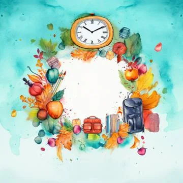 Watercolor back to school background, objects and elements for school イラスト素材