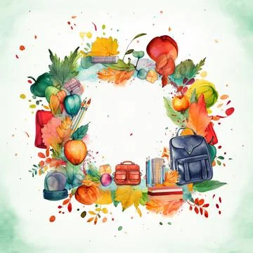 Watercolor back to school background, objects and elements for school Stock Illustration