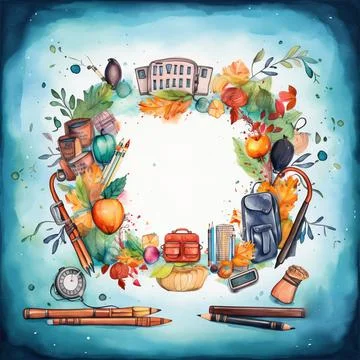 Watercolor back to school background, objects and elements for school Stockillustratie