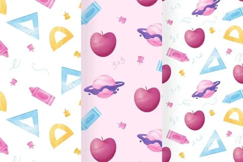 Watercolor back to school pattern collection Stock Illustration