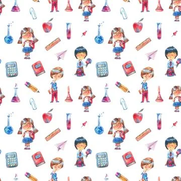 Watercolor back to school seamless pattern Stock Illustration