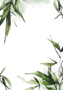 Watercolor bamboo greenery vertical rectangular frame. Green exotic branches Stock Illustration