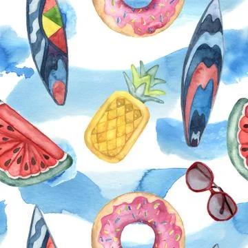 Watercolor beach pattern. Hand painted pool floats, water, sungl Stock Illustration
