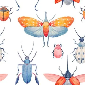 Watercolor beetle vector pattern Stock Illustration