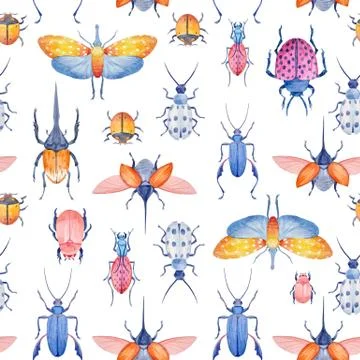 Watercolor beetle vector pattern Stock Illustration