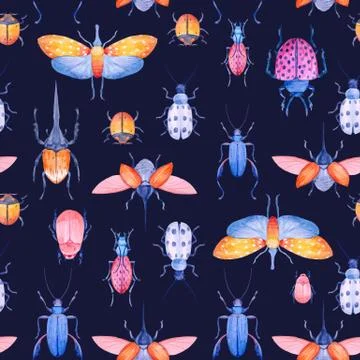 Watercolor beetle vector pattern Stock Illustration