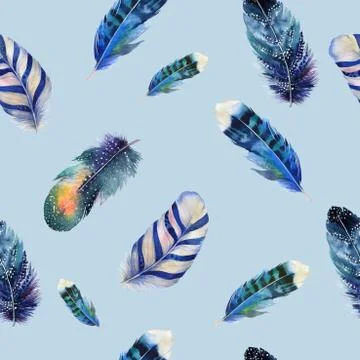Watercolor birds feathers boho pattern. Seamless texture with ha Stock Illustration