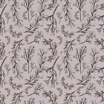 Watercolor black tree branches pattern, hand drawn seamless paper on gray b.. Stock Illustration